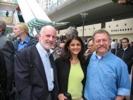 http://www.oaklandinstitute.org/: French farmer leader Jose Bove was allowed into Hong Kong after being detained for 6 hours at the airport. Bove is pictured along with the Oakland Institute's Anuradha Mittal and Tony Clarke outside the NGO accreditation center.